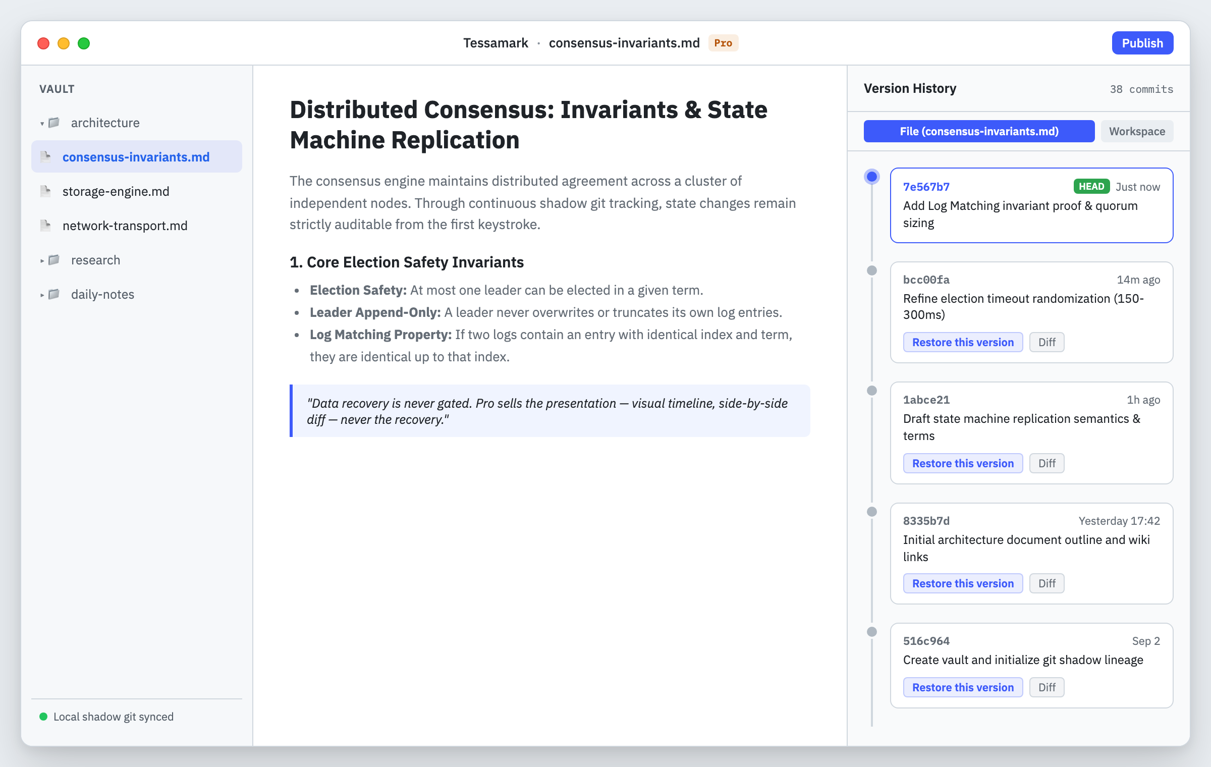 Tessamark editor showing continuous automatic git version history timeline